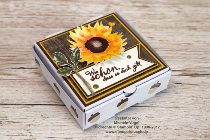 Mini-Pizzaschachtel mit Sonnenblume und Spruch aus dem Stempelset Herbstanfang, Designerpapier Holzdekor von Stampin' Up! www.stempelrausch.de