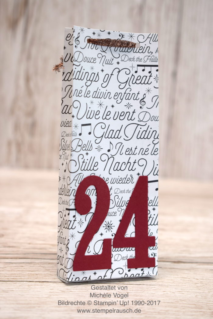 Adventskalender oder Nikolaus Verpackung, Geschenkverpackung zu Weihnachtenselber basteln mit Stampin’ Up! Stempelset Ausgestochen Weichnachtlich, Framelits Große Zahlen, Designerpapier Weihnachtslieder, Elementstanze Lebkuchenmännchen, Rückseite www.stempelrausch.de