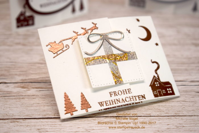 Gutscheinverpackung zu Weihnachten mit dem Stempelset Weihnachten daheim, Framelits Stickmuster und Thinlits Mini-Leckereientüte von Stampin' Up! in Flüsterweiß und Kupfer www.stempelrausch.de