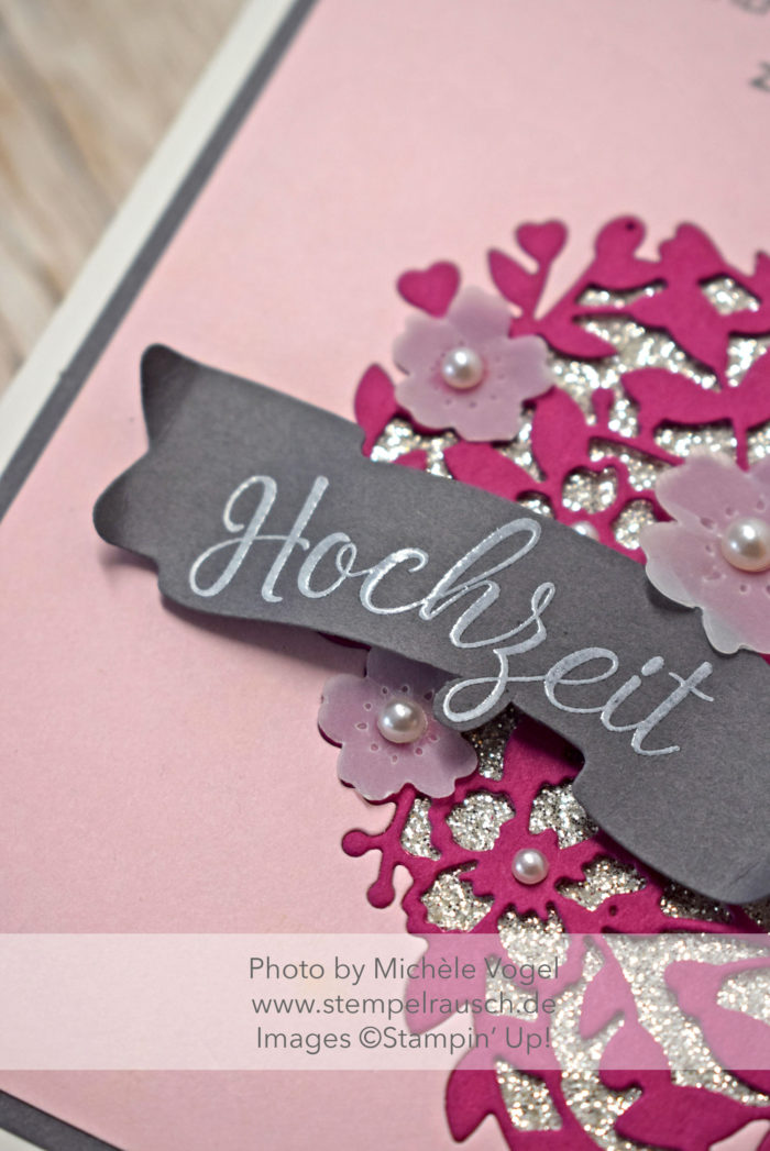 Hochzeitskarte mit Thinlits Blühendes Herz und Schachtel voller Liebe sowie Stempelset Segensfeste von Stampin' Up! www.stempelrausch.de