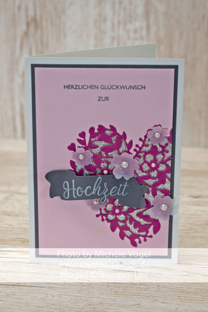 Hochzeitskarte mit Thinlits Blühendes Herz und Schachtel voller Liebe sowie Stempelset Segensfeste von Stampin' Up! www.stempelrausch.de