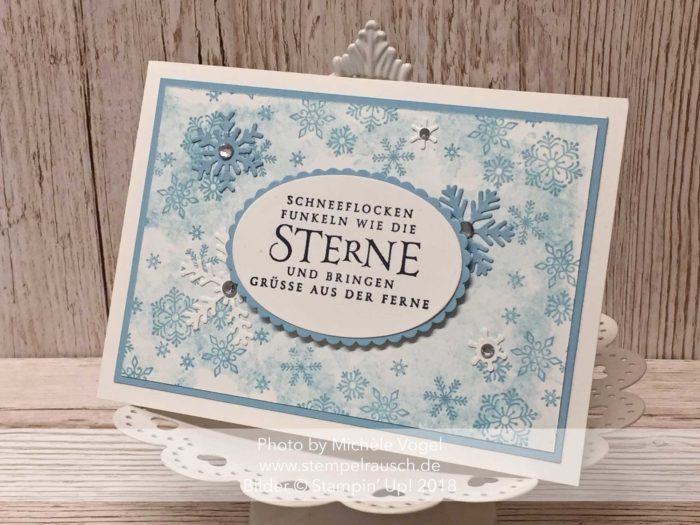 Weihnachtskarte mit dem Stempelset Flockenfantasie, Thinlits Form Schneezauber, Framelits Lagenweise Ovale und Glanzfarbe von Stampin' Up! www.stempelrausch.de