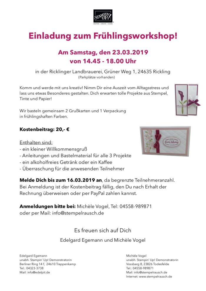 Frühlingsworkshop am 23.03.2019 in der Ricklinger Landbrauerei in 24635 Rickling www.stempelrausch.de